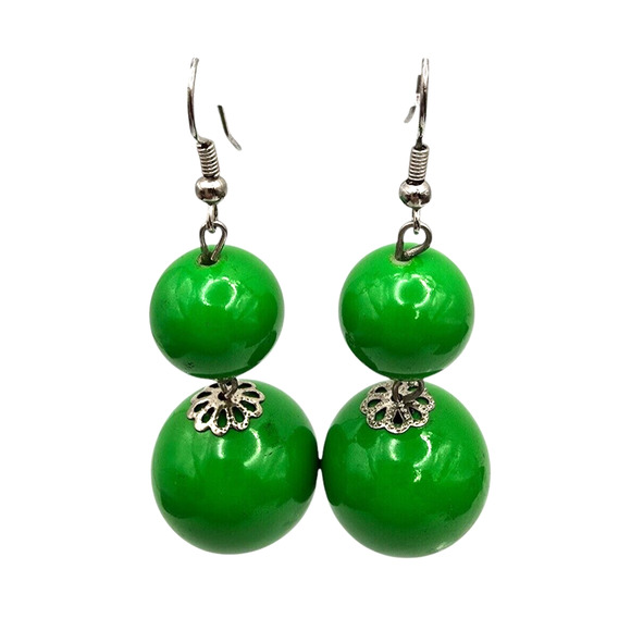 Pierced Earrings Chunky Beaded Lime Green Dangle Filigree Silver Tone Spacers - Picture 1 of 5